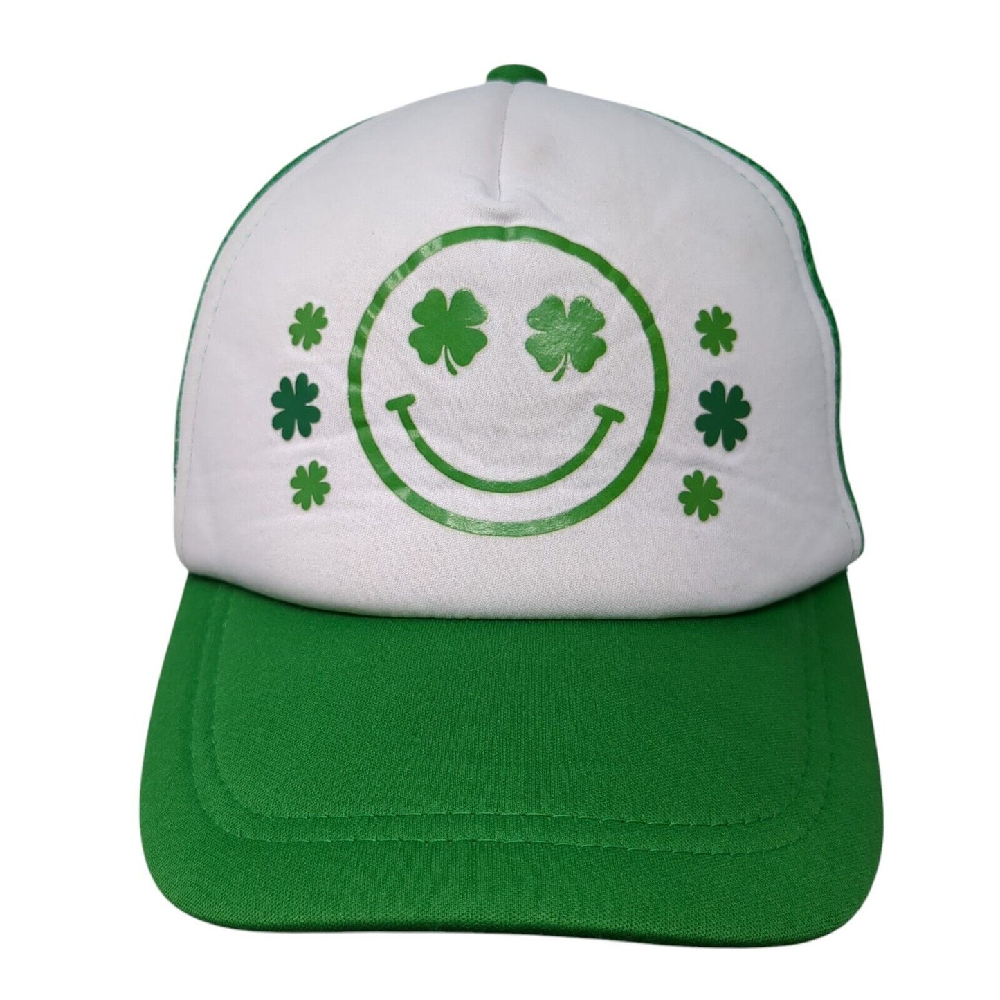 St. Patrick's Day Smiley Face Trucker Hat Green One Size Mesh Back