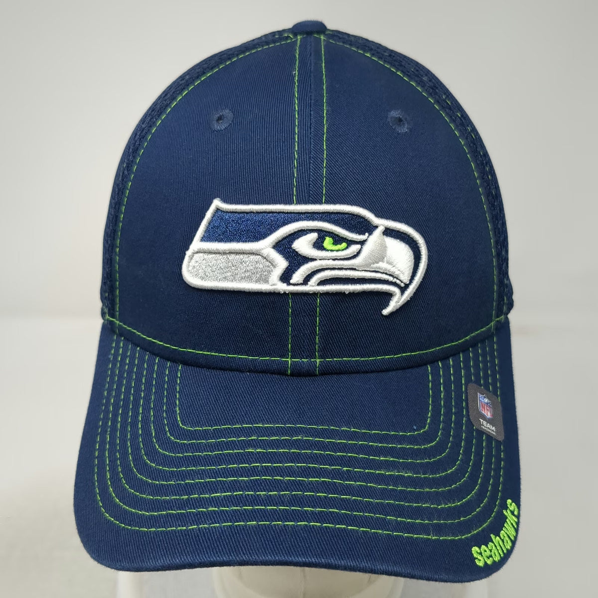 Seattle Seahawks NFL New Era Blue L Mesh Cap Stretch 39THIRTY Green Stitch Hat