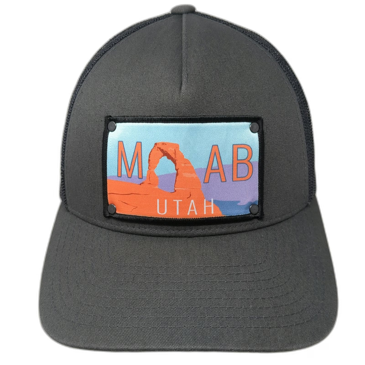 Stryder Trucker Hat Gray One Size Moab Utah Delicate Arch Patch Snapback Mesh