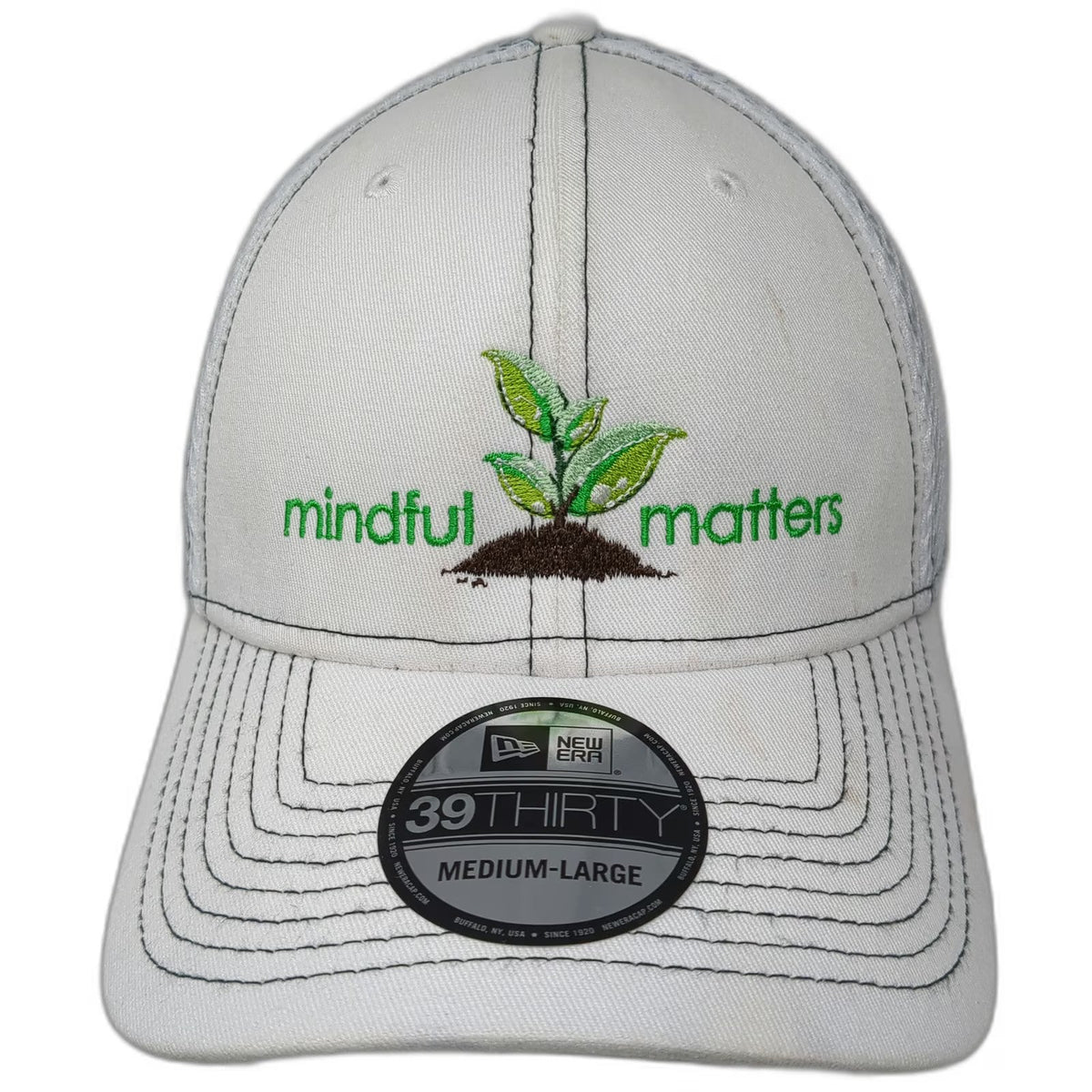 New Era Baseball Cap White L Bayer Mindful Matters Mesh Stretch Fit 39THIRTY Hat