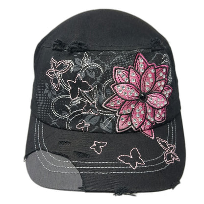KBETHOS Black Army Cap OSFM Floral Butterfly Rhinestone Distressed Hat Slideback