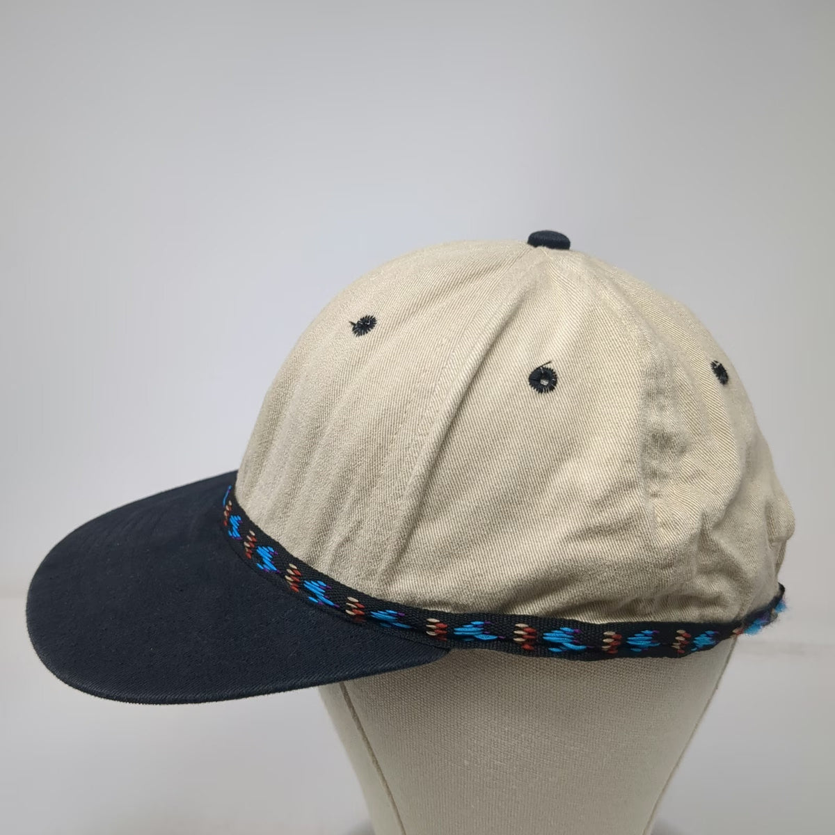 Baseball Cap Beige OS Aztec Woven Band Toggle Made USA Strapback Hat Vintage