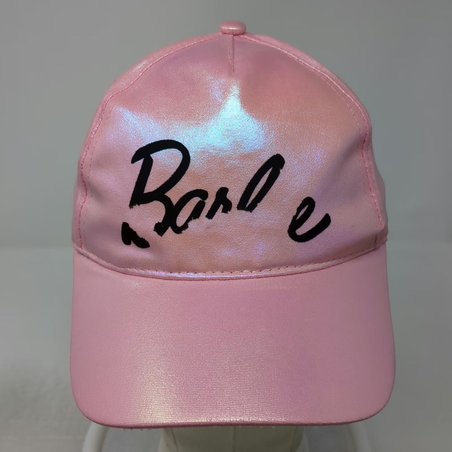 Barbie Girls Pink OS Hat Iridescent Script Logo Mattel Strapback Distressed
