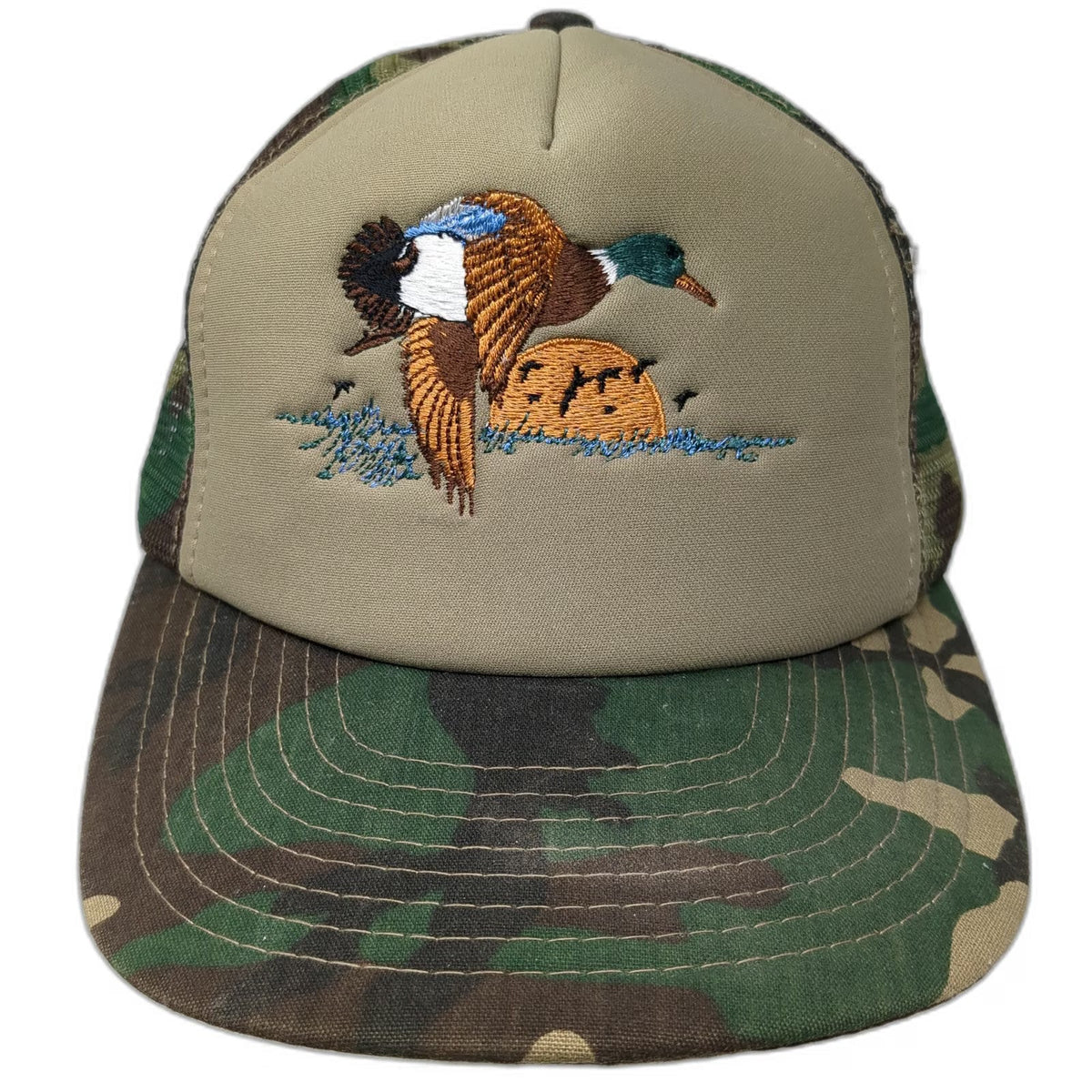 Speedway Trucker Hat Green One Size Mesh Back Camo Embroidered Mallard Duck Sun