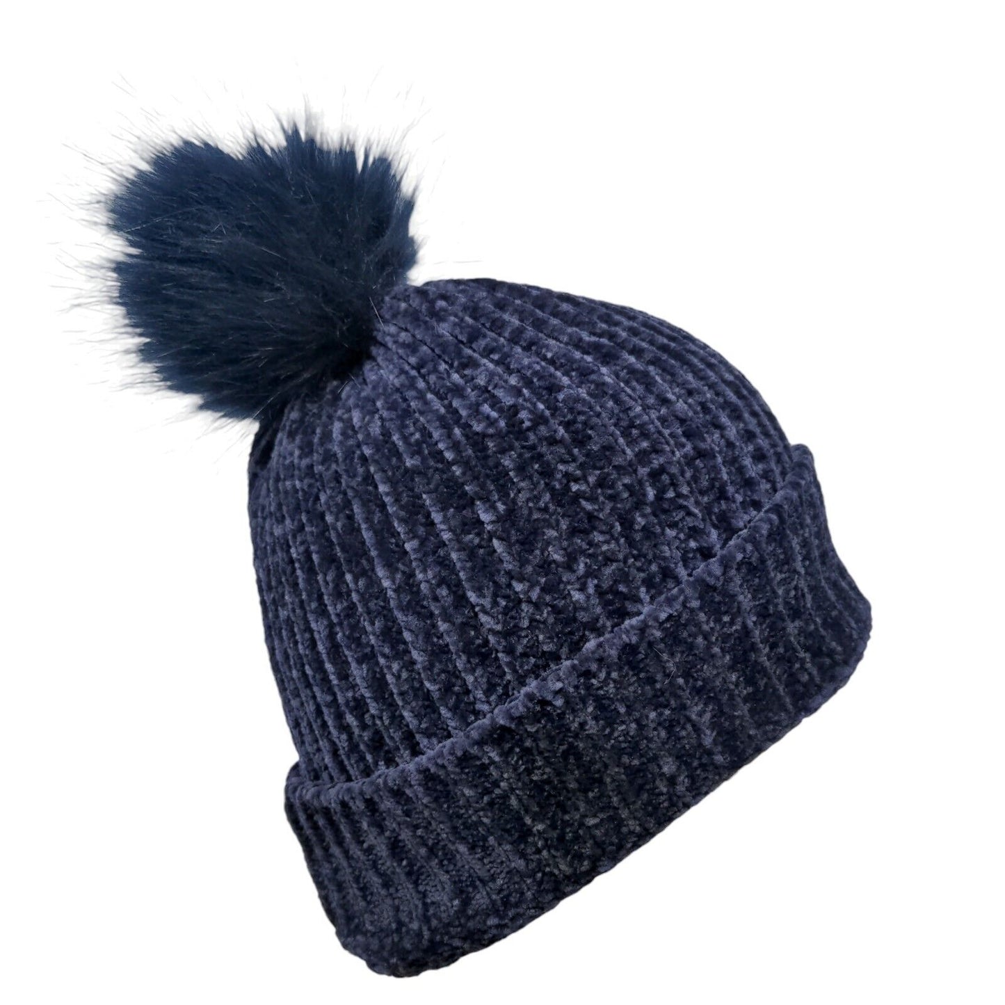 LOFT Beanie Hat Blue One Size Stretch Ribbed Knit Pom Pom Fleece Blank