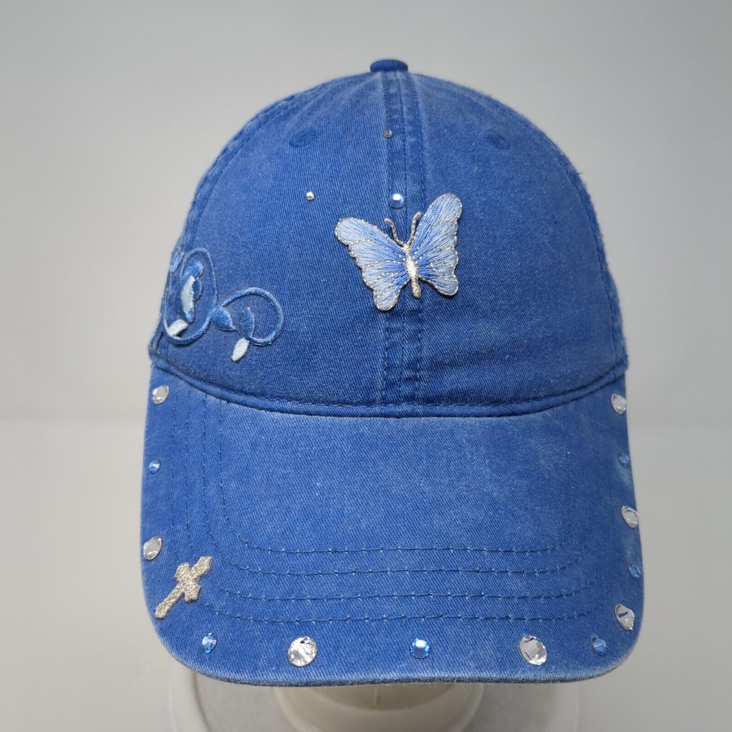 Otto Slideback Hat Blue One Size Adjustable Butterfly Embroidered Bling