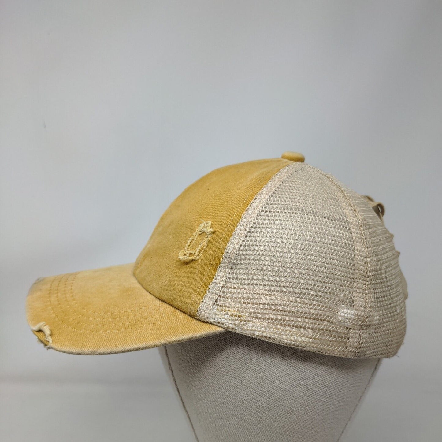 Women's Pontail Hole Strapback Mesh Back Hat Cap Tan Distressed Adjustable