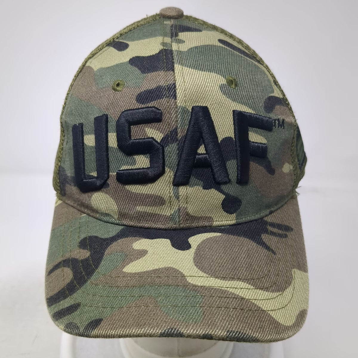 Green Camo USAF Military Trucker Hat One Size Mesh Snapback Side Flag Patch
