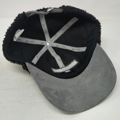 Zyia Active Baseball Cap Black Gray One Size Sherpa Fleece Faux Suede Patch Hat