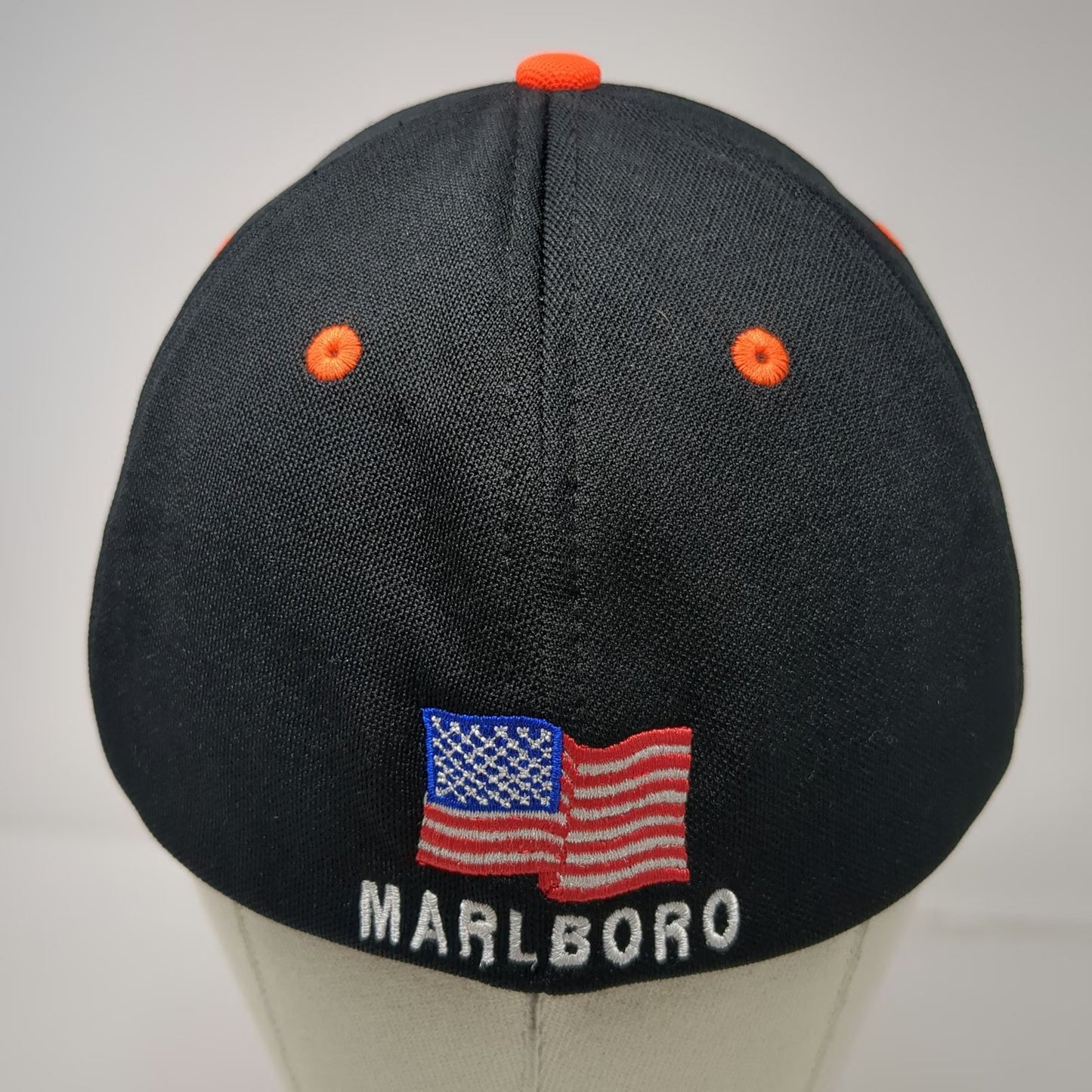 Marlboro Baseball Cap Black Orange S/M American Flag Performance Mesh Fitted Hat