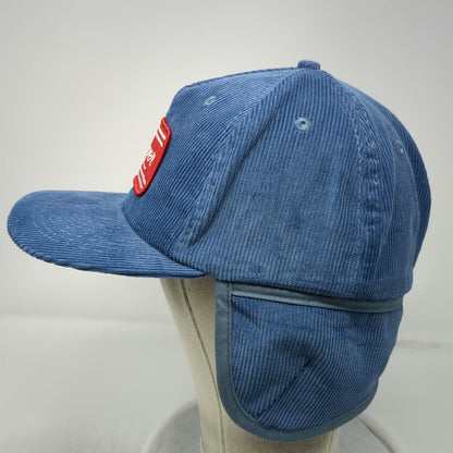 Seager 5 Panel Blue Hat One Size Corduroy Ear Flaps Sherpa Lined Script Patch