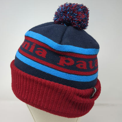 Patagonia Beanie Blue Red One Size Pom Pom Cuffed Striped Logo Winter Knit Hat