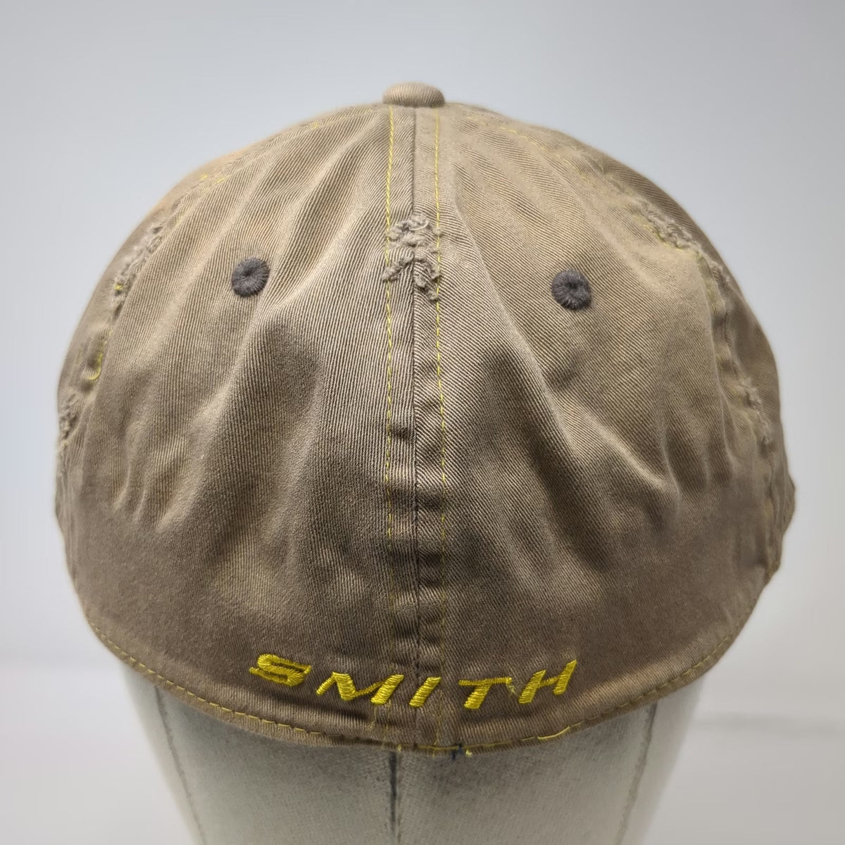 Smith Baseball Cap Brown XL Distressed Yellow Stitching Stretch Fit Logo Hat