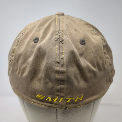 Smith Baseball Cap Brown XL Distressed Yellow Stitching Stretch Fit Logo Hat