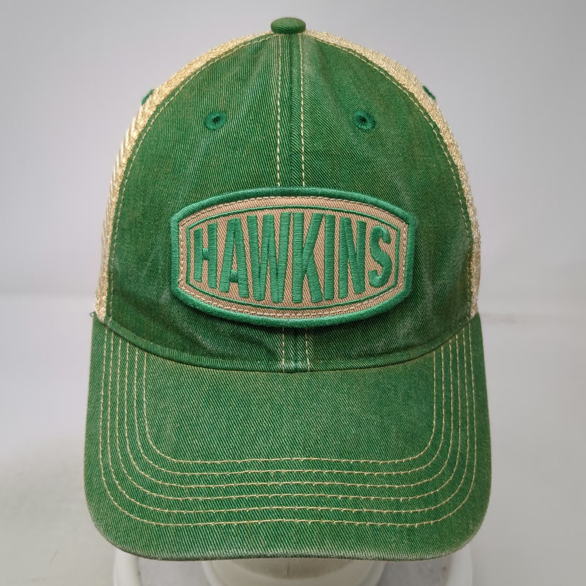 Legacy Trucker Hat Green Beige One Size Hawkins Patch Mesh Snapback Curved Brim