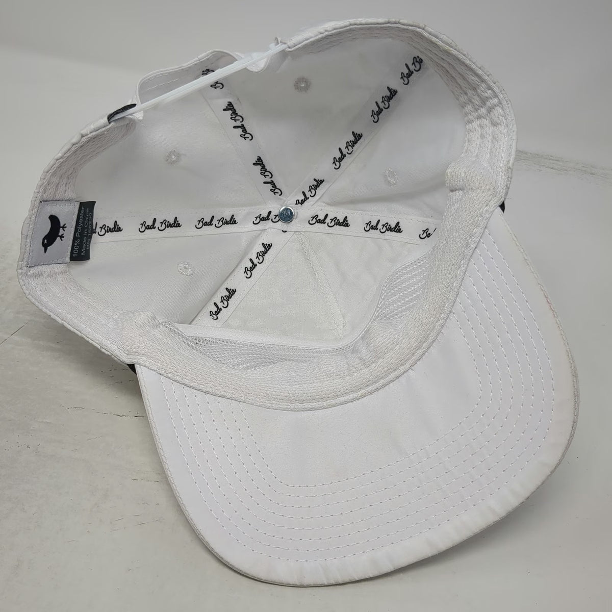 Bad Birdie 5 Panel White Hat One Size Snapback Black Rope Script Performance