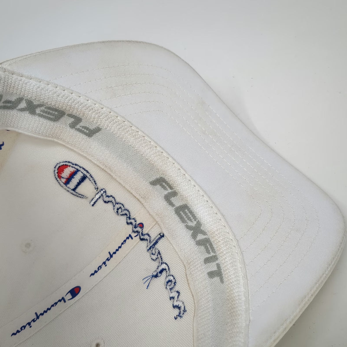 Champion Baseball Cap White XL Fitted Flexfit Embroidered Script Logo Hat