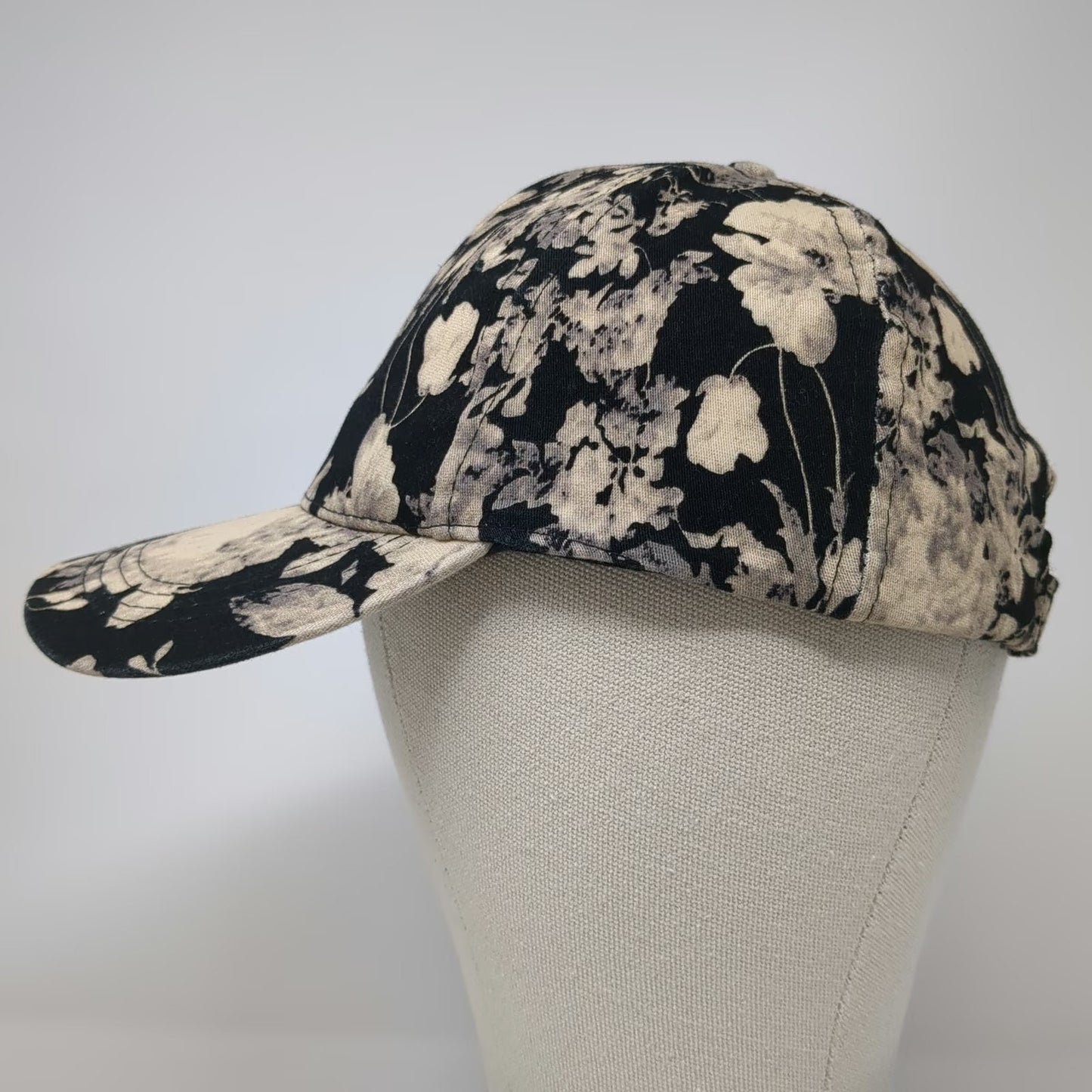 D&Y Baseball Cap Black White Floral Print One Size Adjustable Hat Cotton Strap