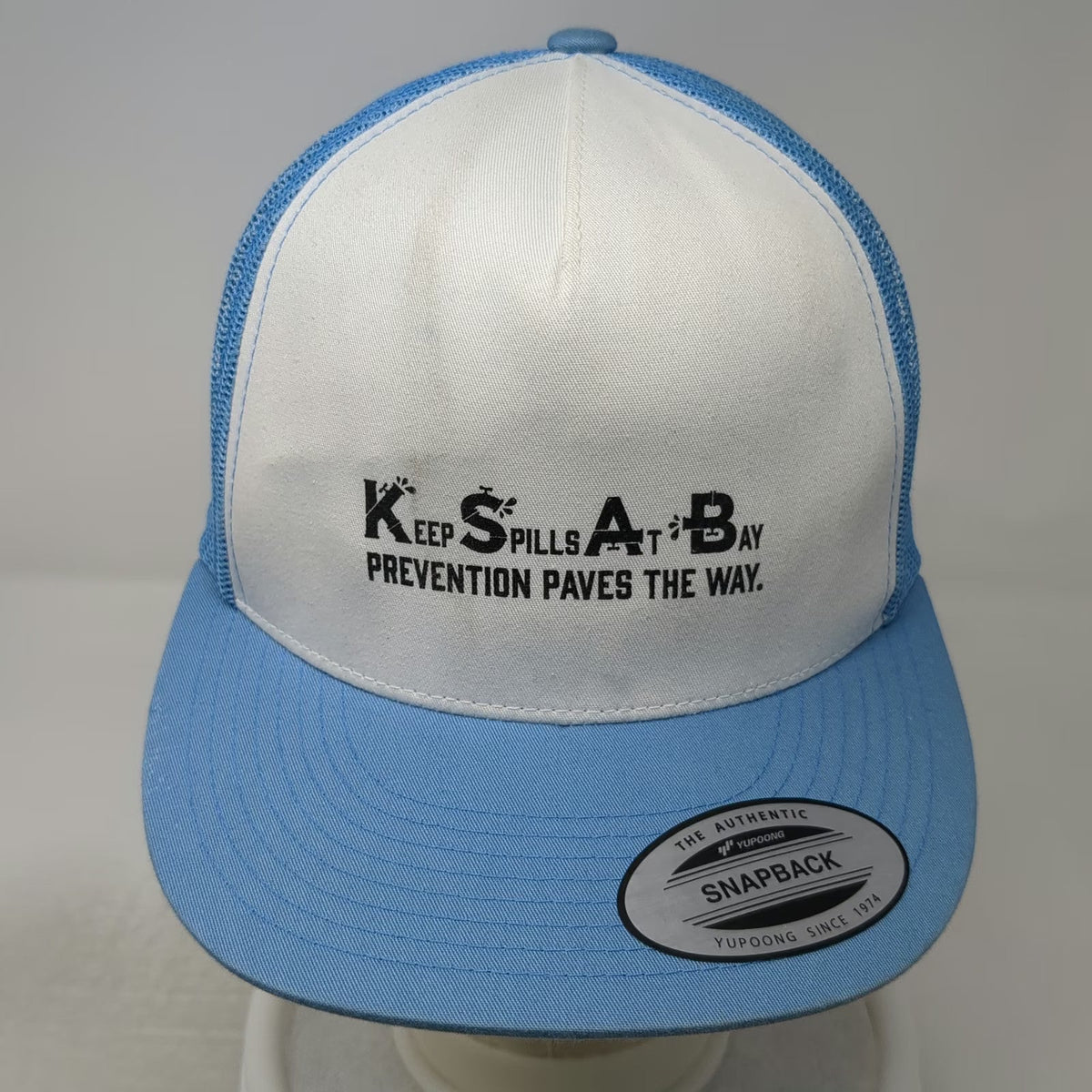 Yupoong Trucker Hat Blue White OSFM Keep Spills At Bay Prevention Mesh Snapback