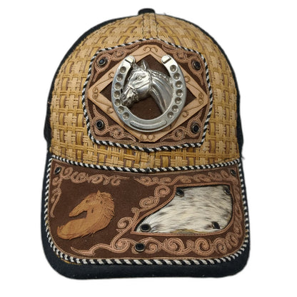 Trucker Hat Brown One Size Straw Mesh Silver Horse Horseshoe Metal Medallion