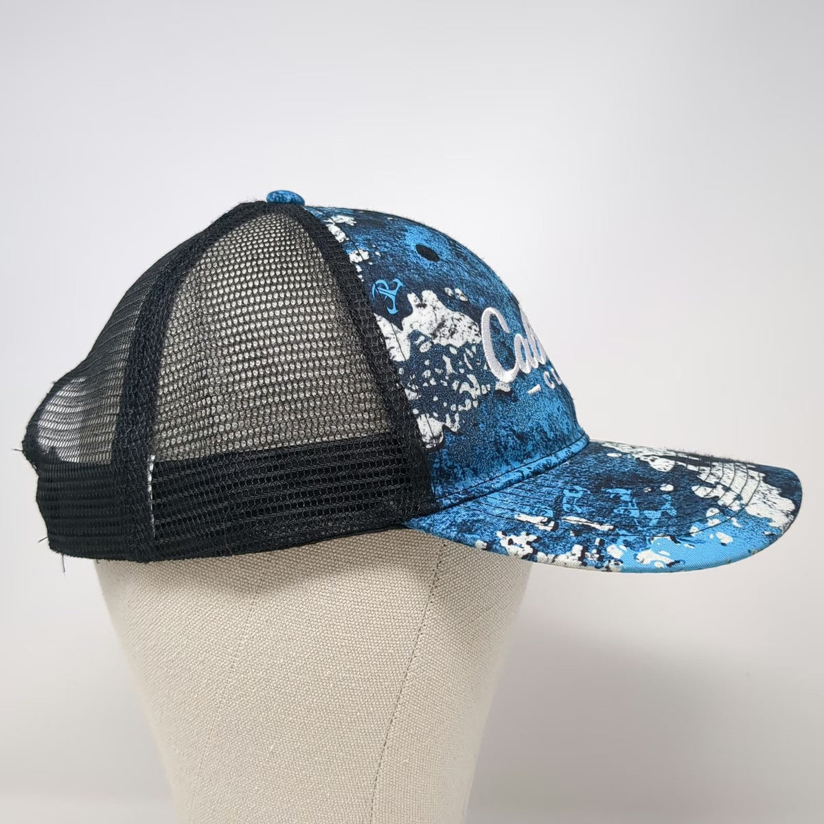 Cabela's Trucker Hat Blue One Size Mesh Snapback Rift Camo CLUB Embroidered Logo