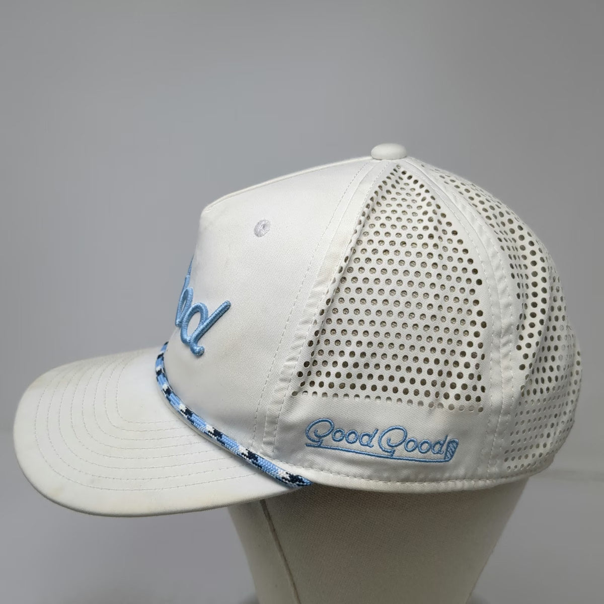 Good Good Golf White Trucker Hat One Size Blue Rope Script Mesh Back Snapback
