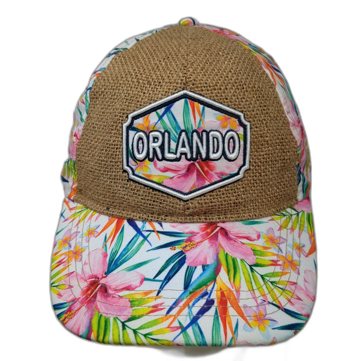 Global Sun Baseball Cap White OSFM Tropical Floral Orlando Patch Strapback Hat
