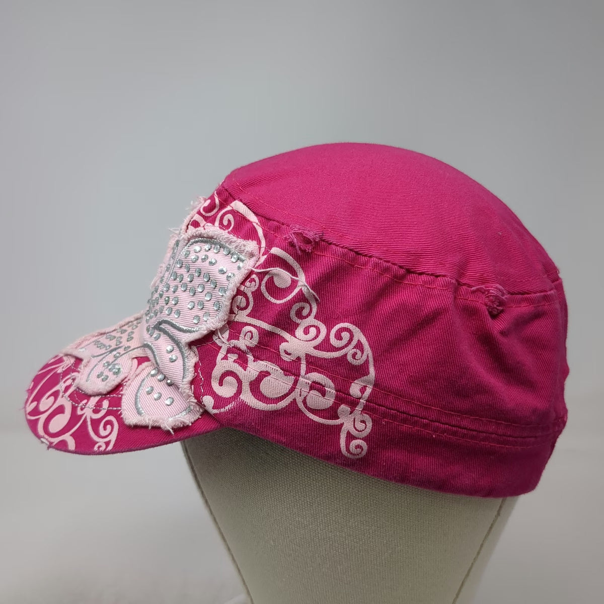 Pink Army Cap One Size Studded Rhinestone Butterfly Scroll Fleur-de-lis Hat