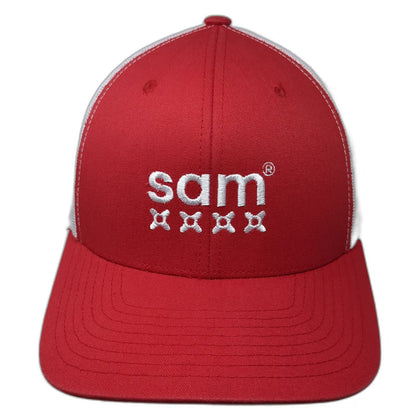 Yupoong Trucker Hat Red One Size Mesh Back Snapback Embroidered Sam Logo Cap