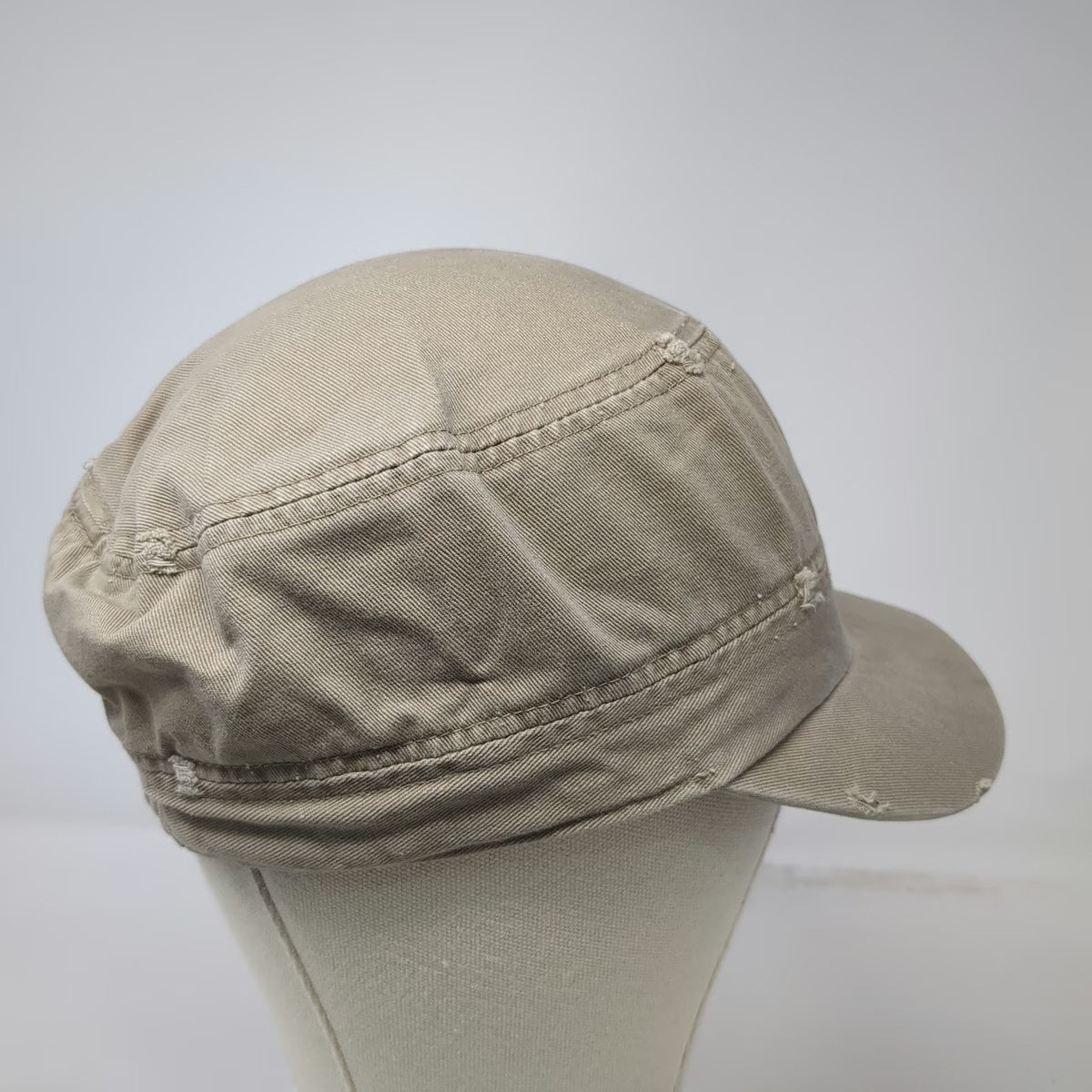 Army Cap Beige One Size Distressed Cadet Style Flat Top Frayed Edge Cotton Hat