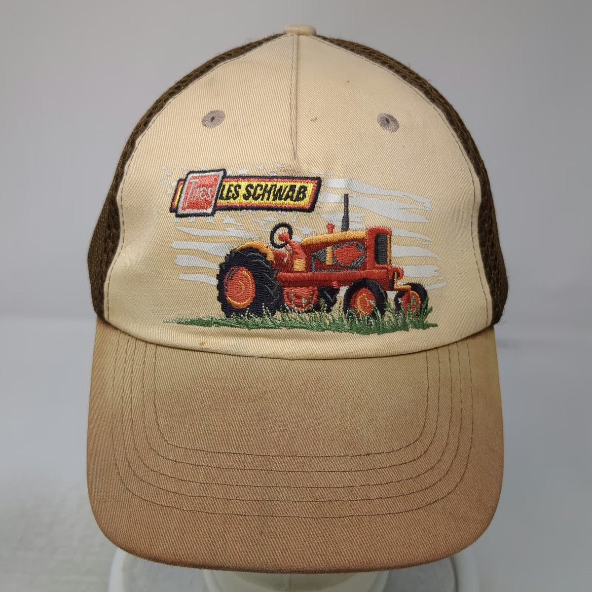 Les Schwab 5 Panel Brown One Size Tractor Embroidery Mesh Strapback Farmers hat