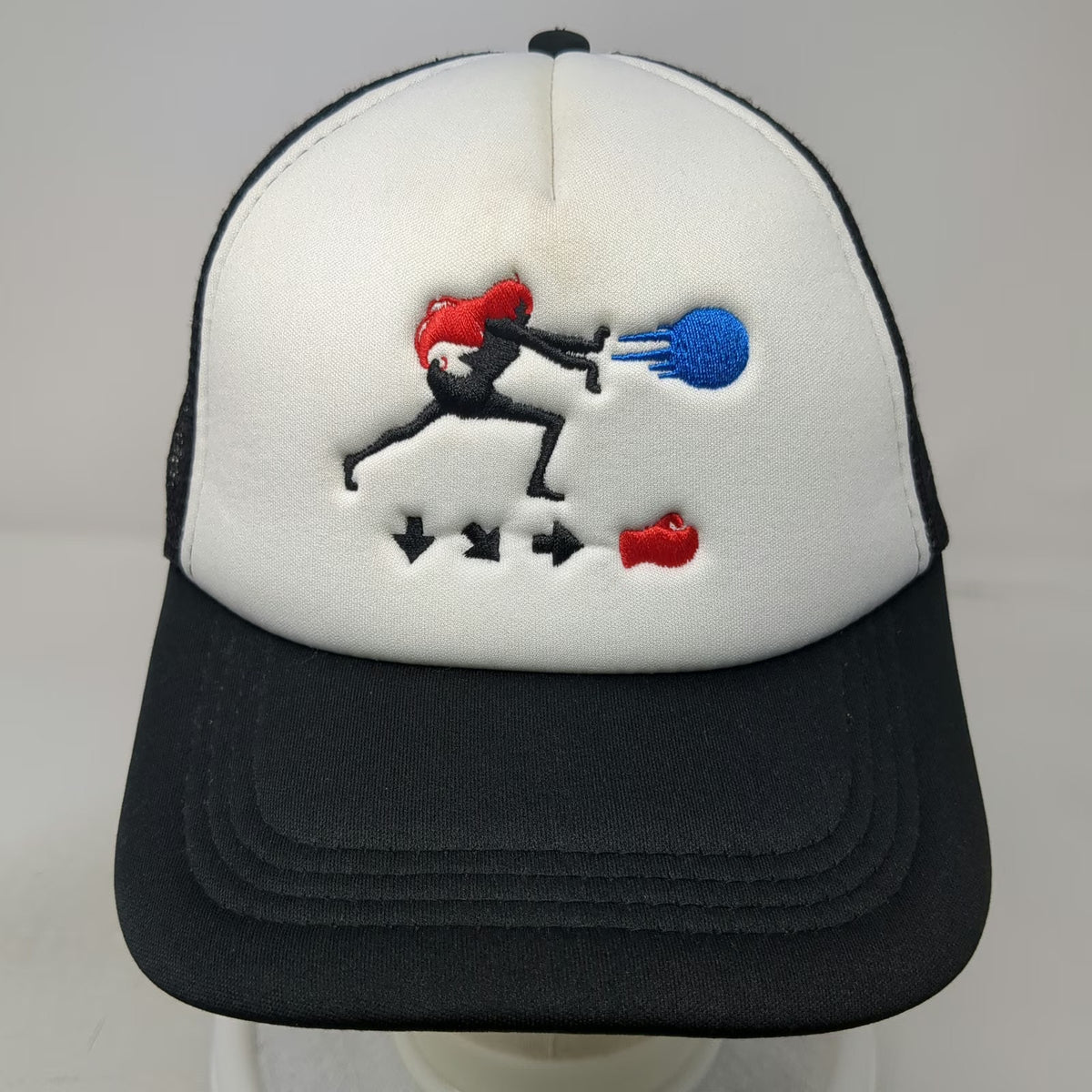 Trucker Hat Black White OSFM Street Fighter Hadouken Input Combo Graphic Mesh