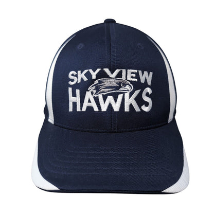 Sky View Hawks Fitted Hat Blue L/XL Flexfit Vented Holes 6 Panel Yupoong