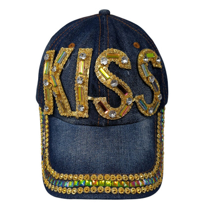 KISS Slideback Hat Blue One Size Adjustable Denim Bling Sequin Rhinestone