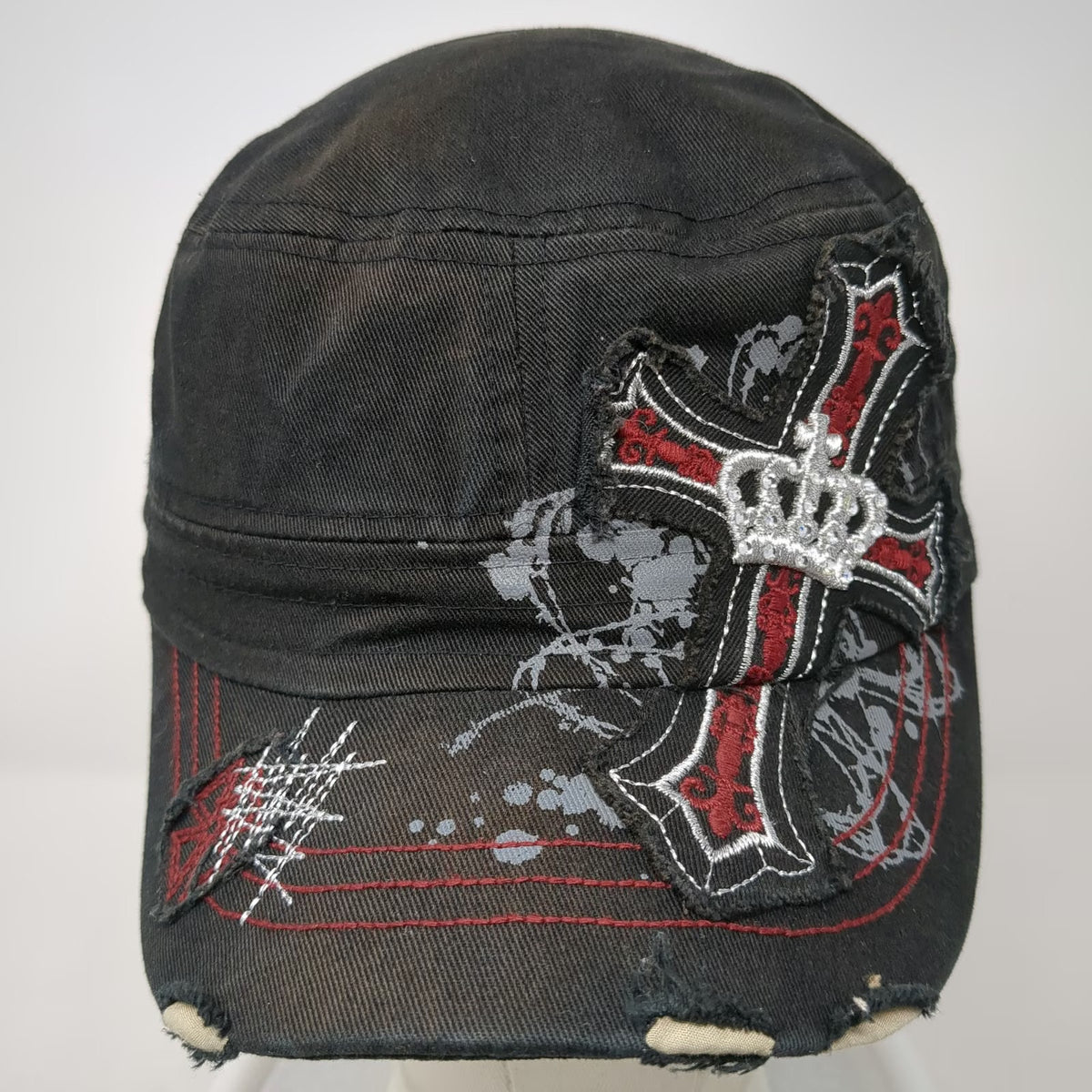 Army Cap Black One Size Cross Crown Rhinestone Distressed Biker Gothic Rock Hat