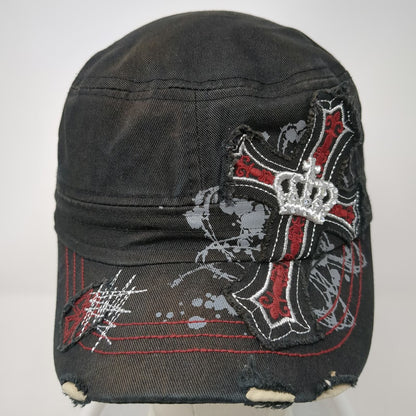 Army Cap Black One Size Cross Crown Rhinestone Distressed Biker Gothic Rock Hat