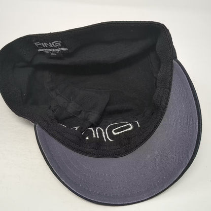 PING Army Cap Black Gray Hat Size 7 Cotton Distressed Patch Graphic Logo Fitted