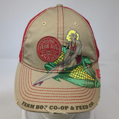 Farm Boy Baseball Cap Beige Red One Size Pinup Girl Corn Mesh Star Graphic Hat