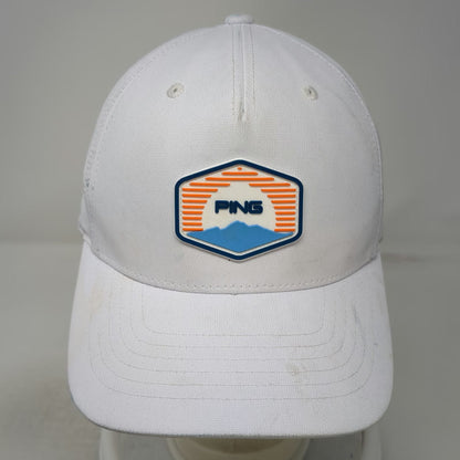 PING 5 Panel White Hat OSFM Snapback Rubber Patch Scheels Golf Gray Adjustable