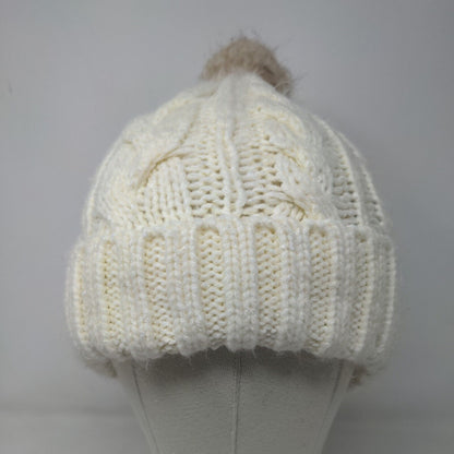 Unbranded Women's Knit Beanie Hat Cable Knit Cream Pom Pom Warm