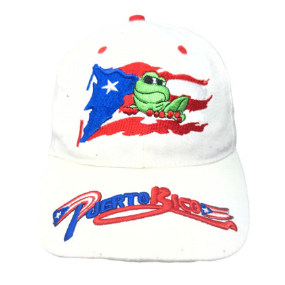 Puerto Rico Flag Frog Strapback Hat White One Size Embroidered
