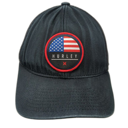 Hurley Trucker Hat Black Red White Blue One Size American Flag Patch Snapback