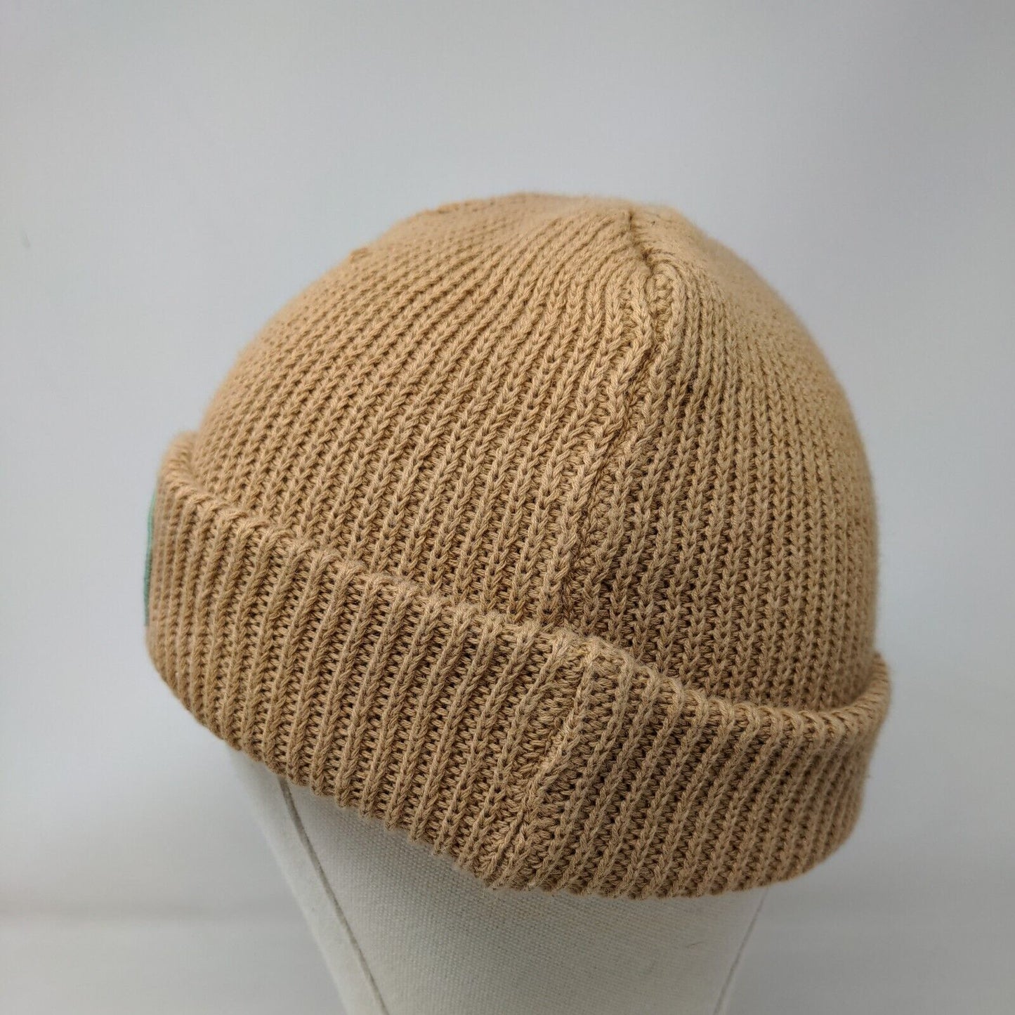Woo Sah Beanie Hat Tan One Size Knitted Stretch Patch Logo Solid