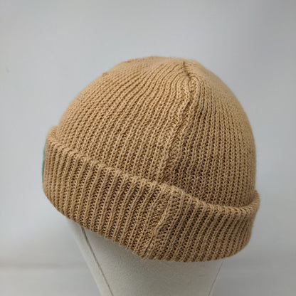 Woo Sah Beanie Hat Tan One Size Knitted Stretch Patch Logo Solid