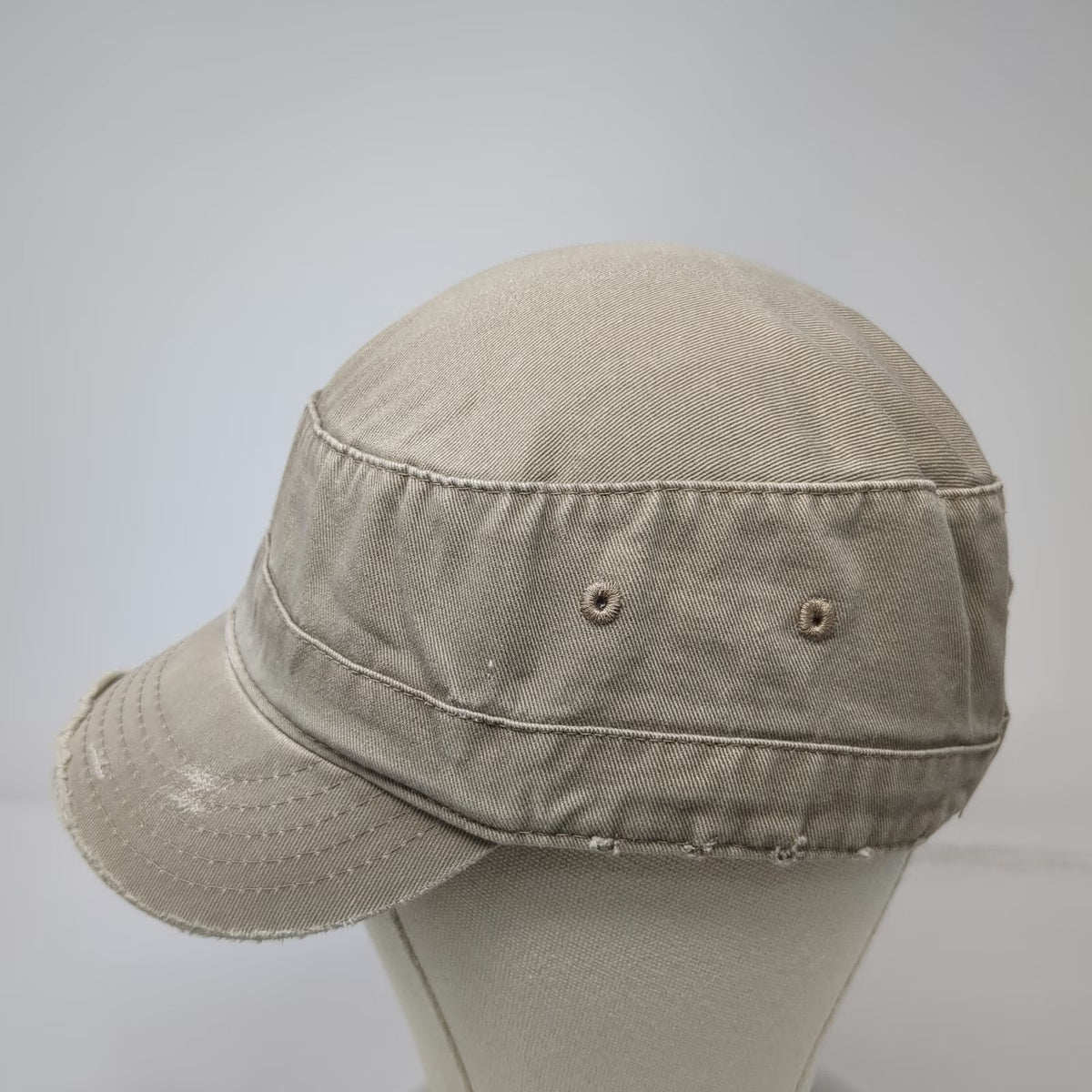 DPC Army Cap Beige One Size Frayed Brim Red Cross Stitch Cotton Twill Hat