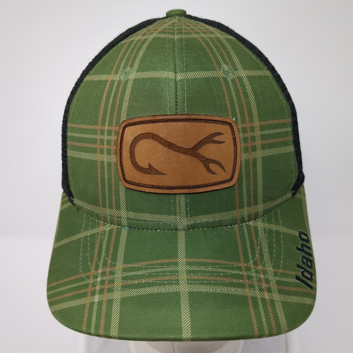 Fishing Leather Patch Idaho Snapback Trucker Hat Green One Size Plaid