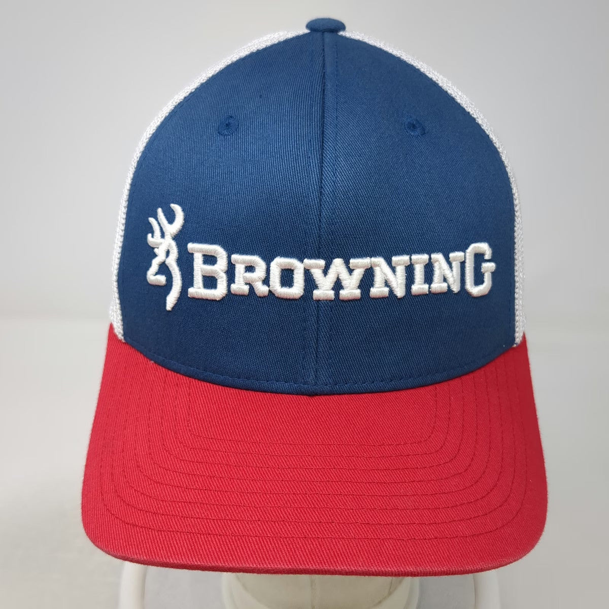 Browning Baseball Cap Blue Red White M Mesh Buckmark Flexfit 3D Embroidery Hat