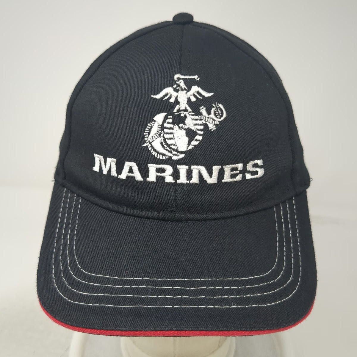 Marines EGA Logo Black Snapback Hat One Size Contrast Stitching Red Trim USA