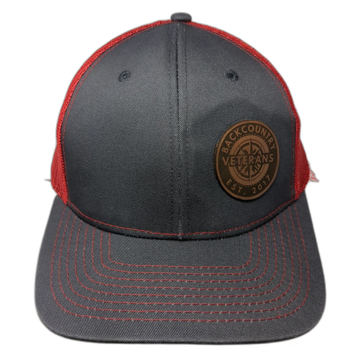Nevada Caps Trucker Hat Gray Red OSFM Mesh Back Leather Patch Veterans Compass