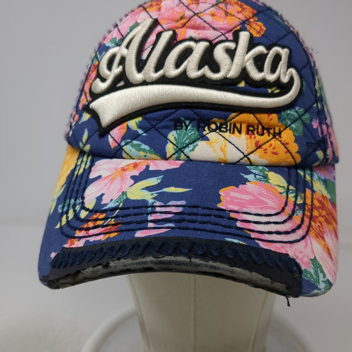 Robin Ruth 5 Panel Blue One Size Hat Alaska Floral Quilted Frayed Strapback